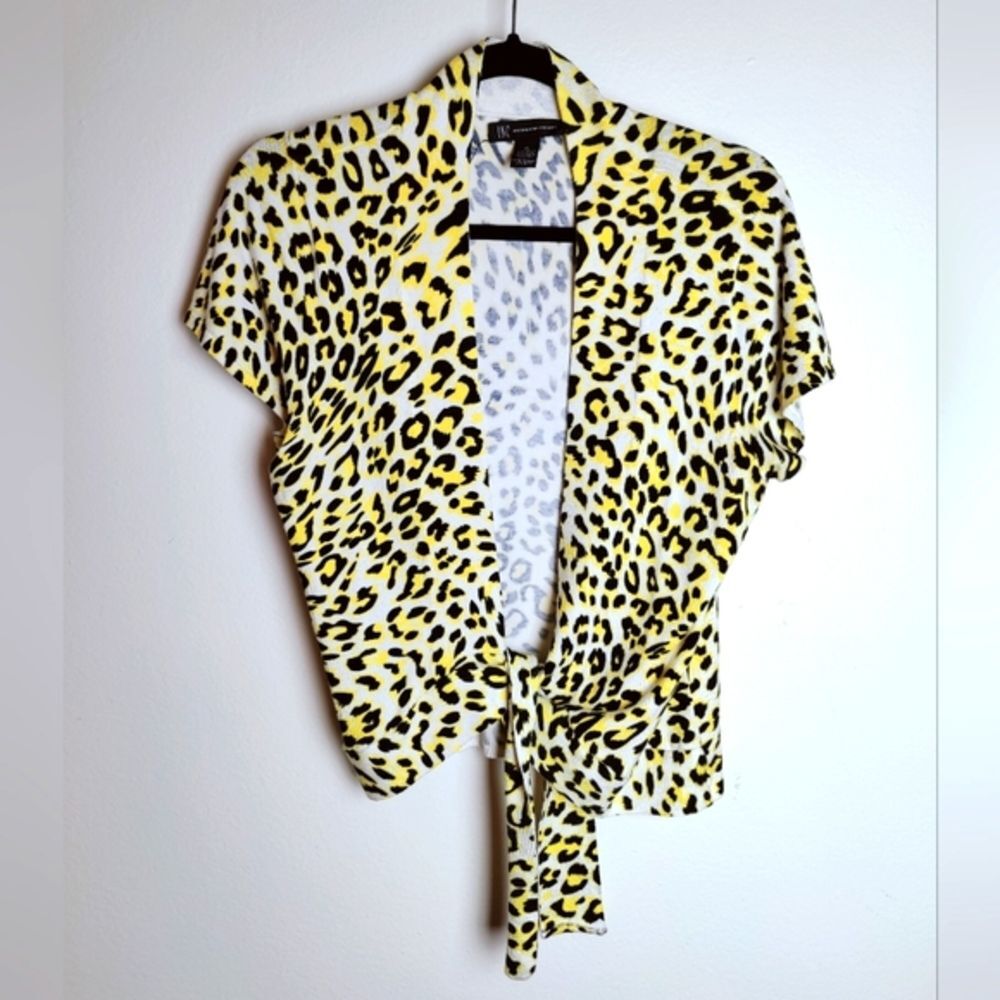 VTG Y2K INC Yellow Leopard Print Short Sleeve Tie Front Cardigan Sweater, Sz XL
